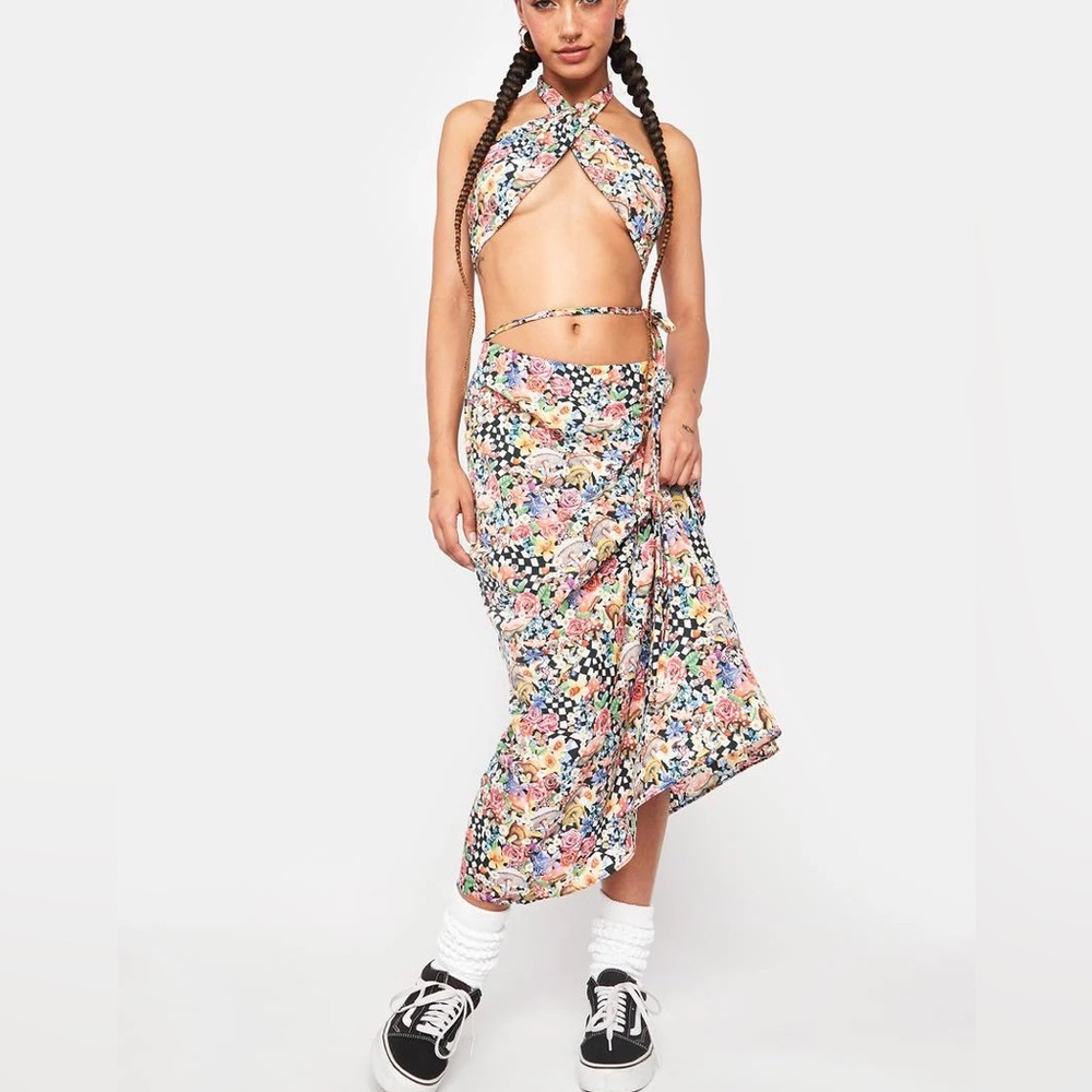 NWT For Love & Lemons Top SET Floral Deidre Halter Scarf Top & Midi Skirt Size S